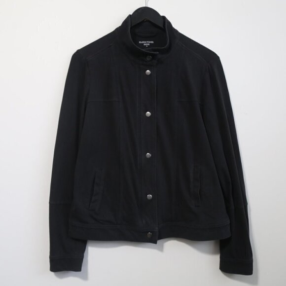 Eileen Fisher Organic Cotton Snap Button Full Zip Black Jacket Women's - Picture 1 of 8